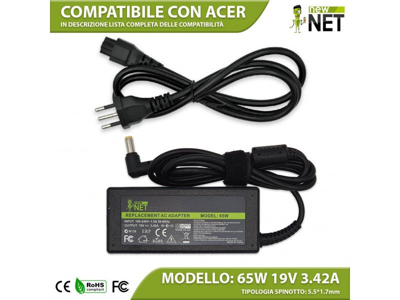 Alimentatore New Net per Acer Aspire / Extensa / Travelmate 65W – 19 V / 3.42 A – 5.5 x 1.7 mm