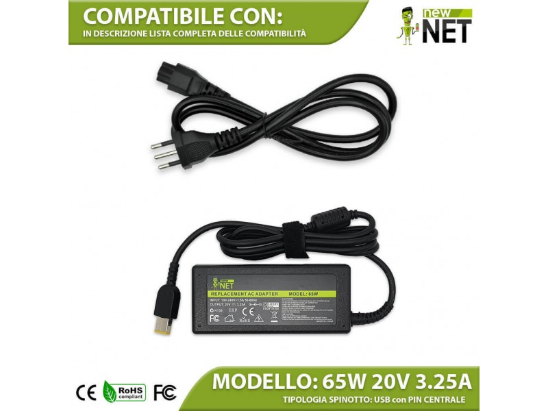 Alimentatore New Net per Lenovo IdeaPad G40 Serie 65W – 20 V / 3.25 A – Slim Tip