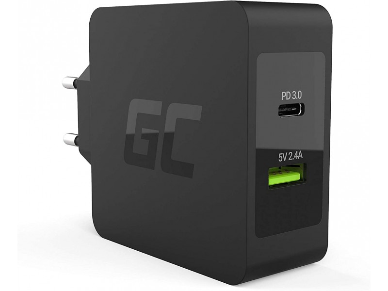 Caricabatterie Green Cell CHAR10 45W PD 3.0 1xUSB-C 1XUSB + CAVO USB-C to USB-C 2MT Nero