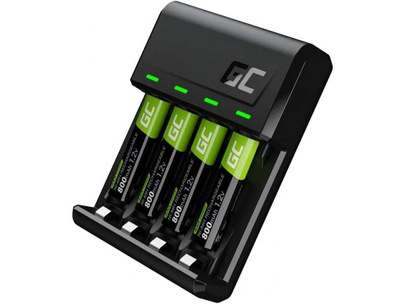 Caricabatterie Green Cell GRSETGC02 con 4 x AAA HR03 800 mAh incluse Nero