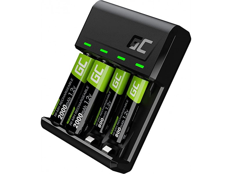 Caricabatterie Green Cell GRSETGC03 con 2 x AAA HR03 800 mAh + 2 x AA HR6 2000 mAh incluse Nero