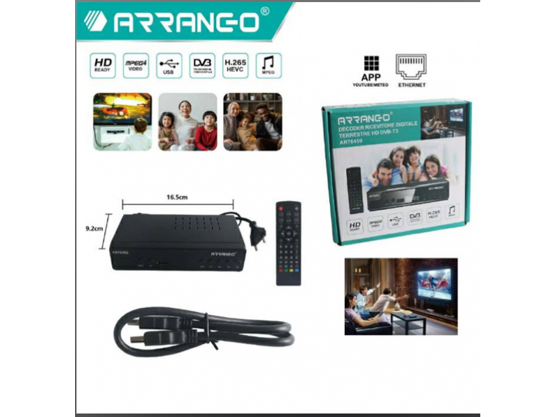 Decoder Digitale Terrestre Arrango HD DVB T3 USB Ethernet AR76459 Nero