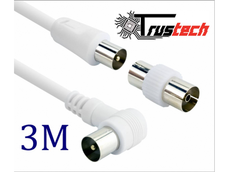 Cavo Antenna TV 3MT M/M Trustech TVCAV3M con Adattatore F/F Bianco